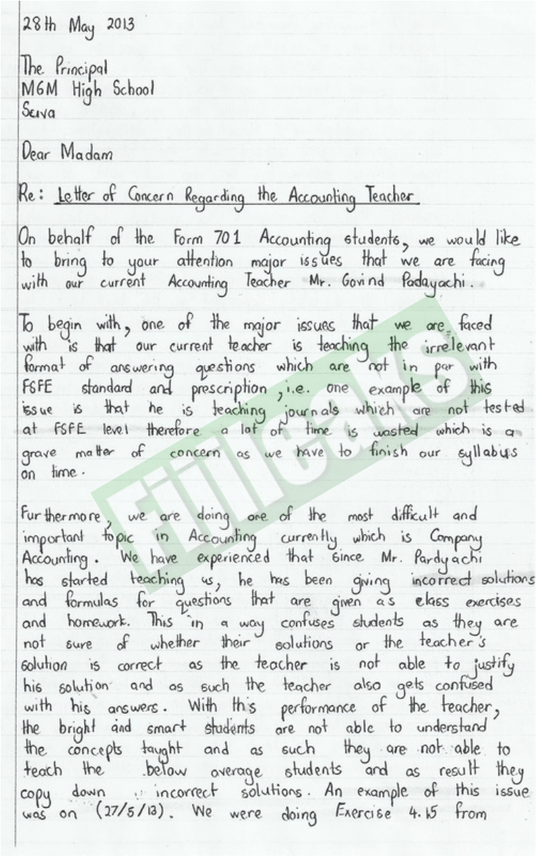 complaint against teacher letter sample